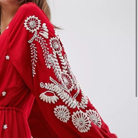 Free People Red Embroidered Romper/Jumpsuit v-neck jumpsuit size XS - Picture 10 of 17